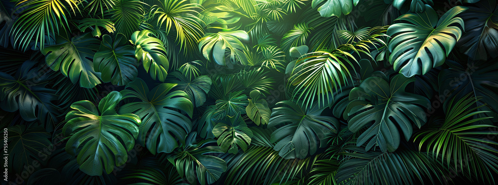 Lush green tropical leaves background with natural patterns and shadows. Lush green tropical leaves background with natural patterns and shadows.