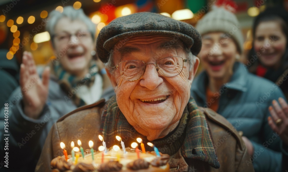 An elderly man with a birthday cake with candles and people in the background. Generative AI. An elderly man with a birthday cake with candles and people in the background. Generative AI.