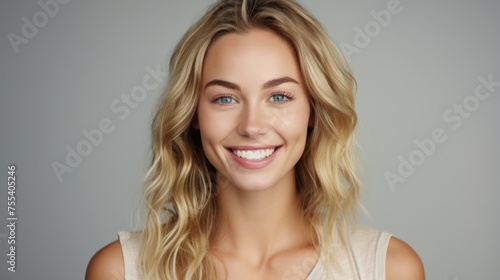 Portrait of a woman with blonde hair and blue eyes smiling. Suitable for various projects