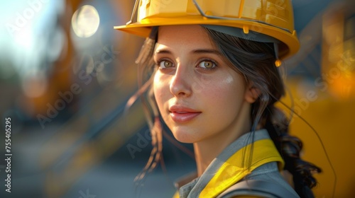 A woman wearing a yellow hard hat with a smile on her face. Generative AI.