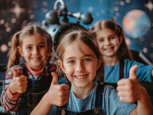 Three girls are giving thumbs up in front of a space ship. Generative AI. photo