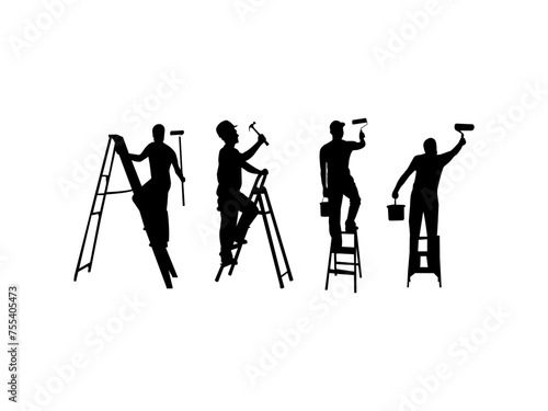 House painter silhouette. Builder silhouettes, Painter painting SVG, Worker icon bundle. Painter workers on ladder silhouette on isolated white background.