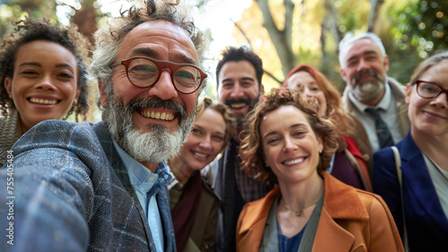 Business People Capture Conference Memories with Group Selfie
