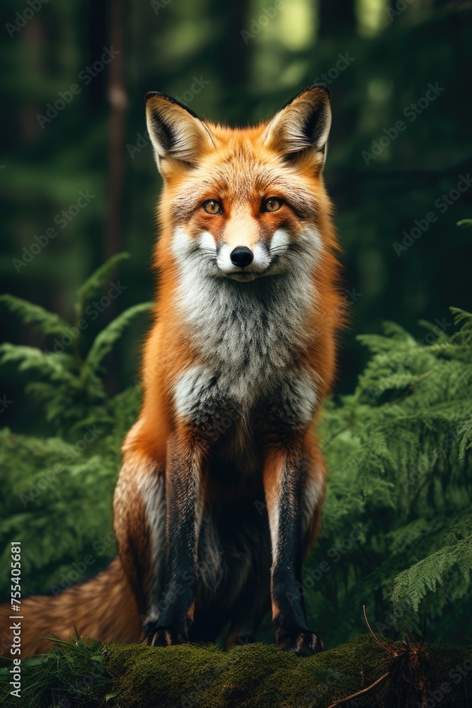 Fototapeta premium A red fox perched on a tree stump, perfect for nature themes