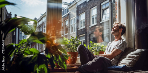 Man Relaxing by Window in Sunlit Urban Apartment
