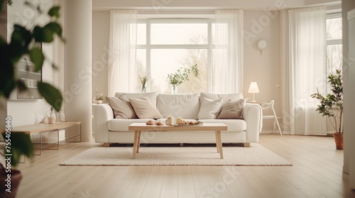 Modern living room with stylish white couch  perfect for interior design concepts