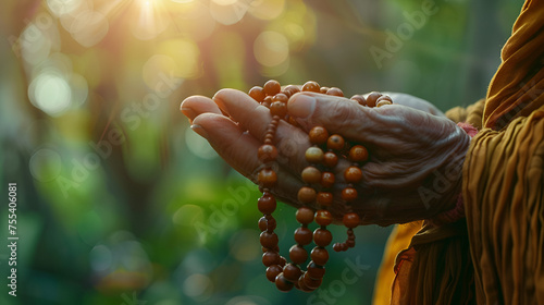 chanting mantra to the lord Buddha with buddhist style rosary beads in hand, Hand holding a buddha chant, Hand holding Buddhist beads chanting mantra, Generative Ai photo