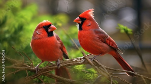Male and female Northern Cardinal (cardinalis cardinalis) on a blooming branch © andri