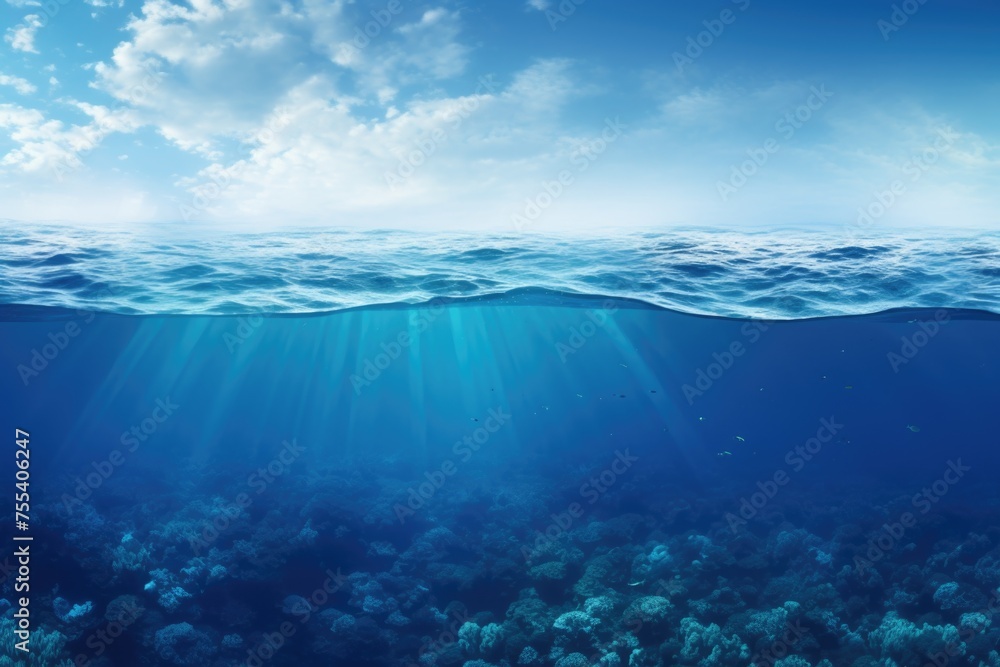 A stunning underwater view of the ocean and sky. Perfect for travel and nature concepts