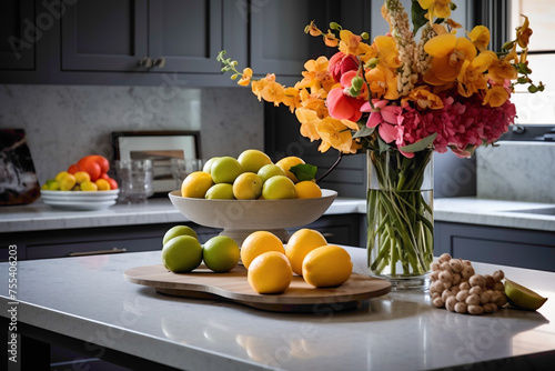 A sophisticated kitchen featuring a monochromatic palette of grays and whites, accented by colorful fruit bowls and vibrant floral arrangements.