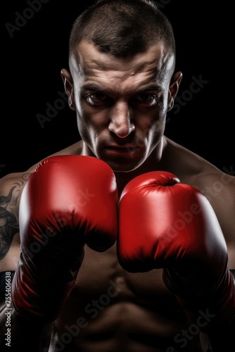 A man with a tattoo on his arm wearing red boxing gloves. Suitable for sports and fitness concepts © Fotograf