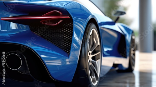 Detailed view of the rear end of a blue sports car. Perfect for automotive industry promotions