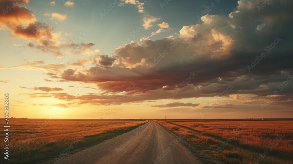 A scenic view of a dirt road in the middle of a field at sunset. Perfect for nature or rural themes