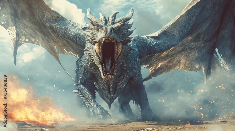 A huge aggressive mystical dragon - obrazy, fototapety, plakaty 