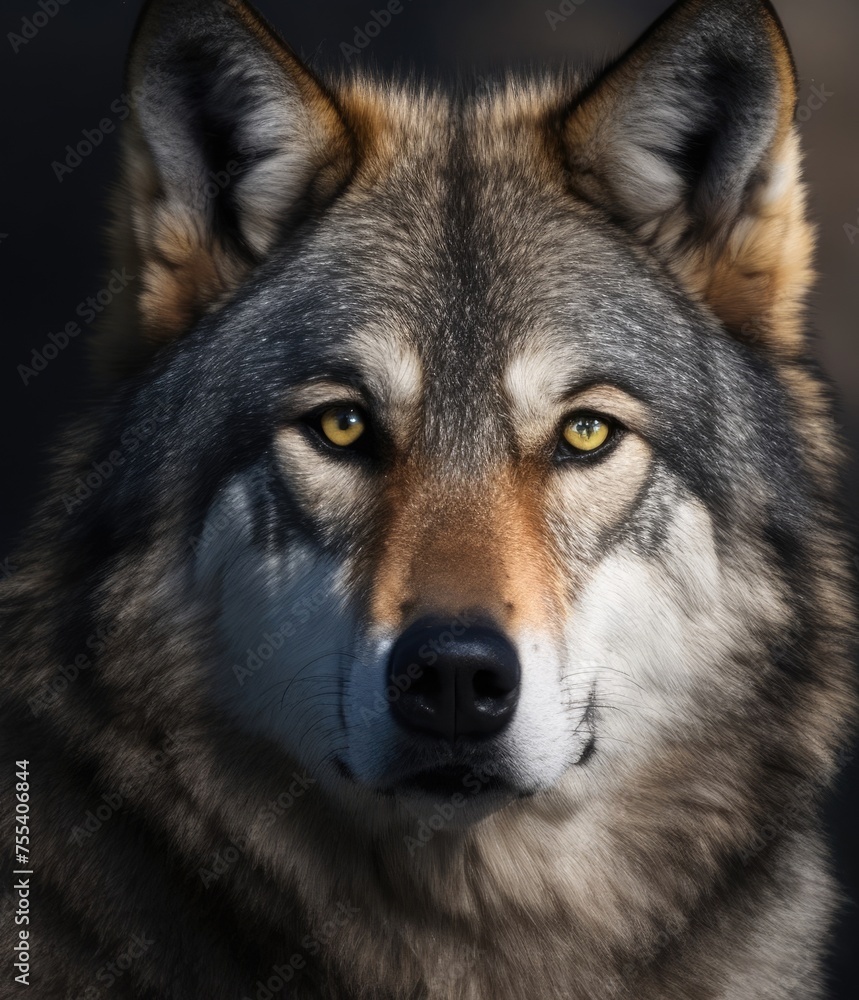 Portrait of wolf on dark background. Polar wolf.