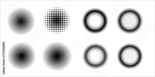 Set of abstract halftone dot circles.
