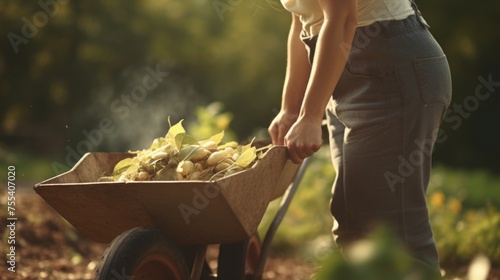 Woman pushing wheelbarrow full of leaves, perfect for gardening projects photo