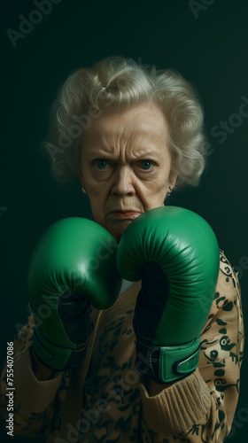 Serious Elderly Woman with Green Boxing Gloves, Intense Focus and Active Senior Concept