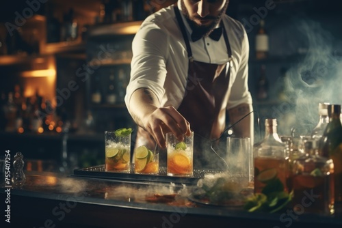 A man in an apron preparing drinks at a bar. Ideal for restaurant or hospitality industry concepts