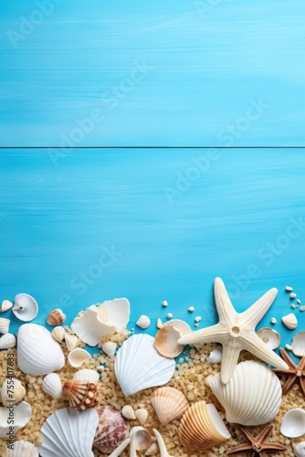 Seashells and starfish on a blue wooden background. Ideal for beach-themed designs
