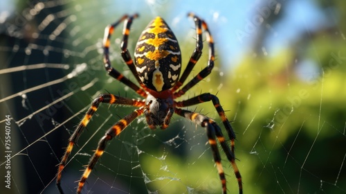 A spider sitting on top of a spider web. Suitable for nature or Halloween themes © Fotograf