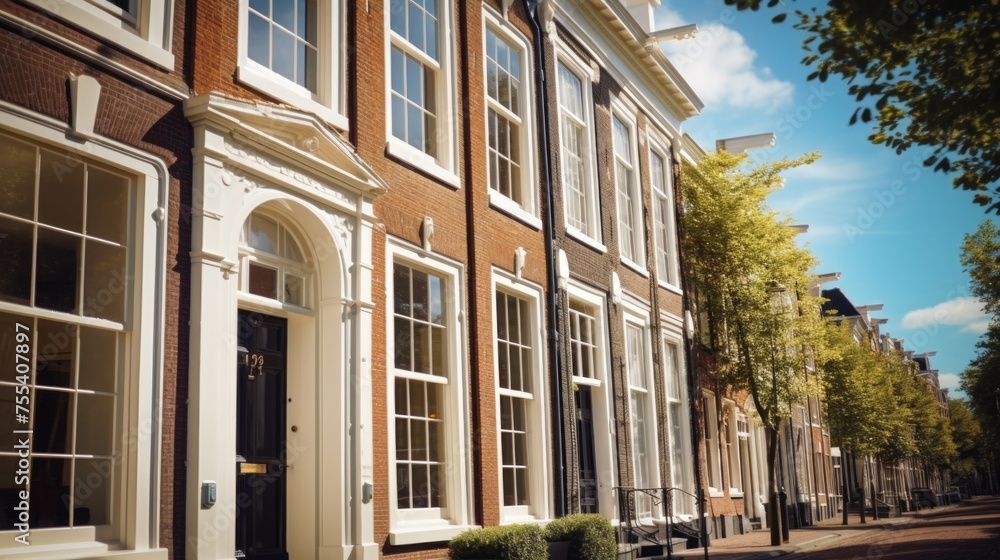 Fototapeta premium Row of brick buildings on a city street. Suitable for urban architecture concepts