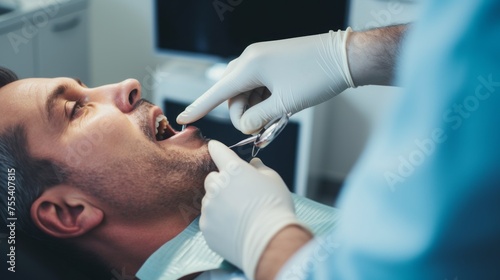 Close-up of a male patient in a chair in a dental clinic. Dentist, Orthodontist, Teeth Whitening, Brushing, Braces, Veneers, Caries Treatment, Pulpitis, Periodontitis, Healthcare, Oral Hygiene.