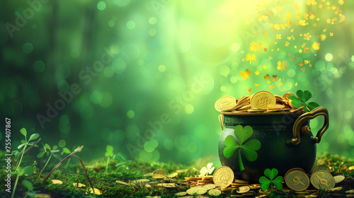 Pot of Gold Coins with Shamrocks, St. Patrick's Day Celebration Concept on Green Magical Background, Space for text