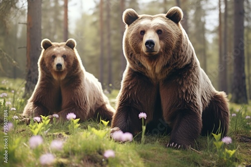 Two brown bears sitting on lush green field. Suitable for wildlife and nature concepts