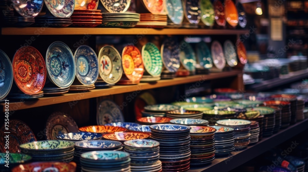 A variety of vibrant plates neatly displayed on a shelf. Perfect for kitchen or dining room decor