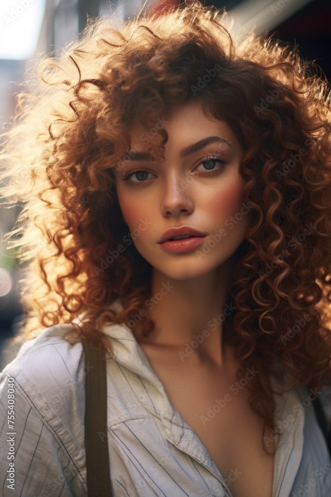 A woman with red curly hair posing for a picture. Suitable for various promotional materials A woman with red curly hair posing for a picture. Suitable for various promotional materials
