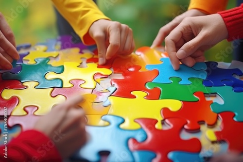 Group of children working on a puzzle, suitable for educational concepts