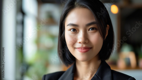 An Asian business woman is smiling confidently with her office in the background. Free Download An Asian business woman is smiling confidently with her office in the background. - GFXLoad