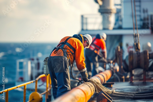 Crew ensures smooth operation of vessel doing task on deck. Members of team meticulously inspects machinery and pipelines. Operational integrity photo