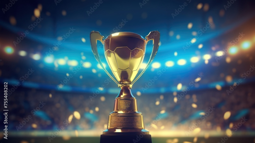Golden trophy in grass on soccer field,Trophy cup. Champion trophy, - obrazy, fototapety, plakaty 
