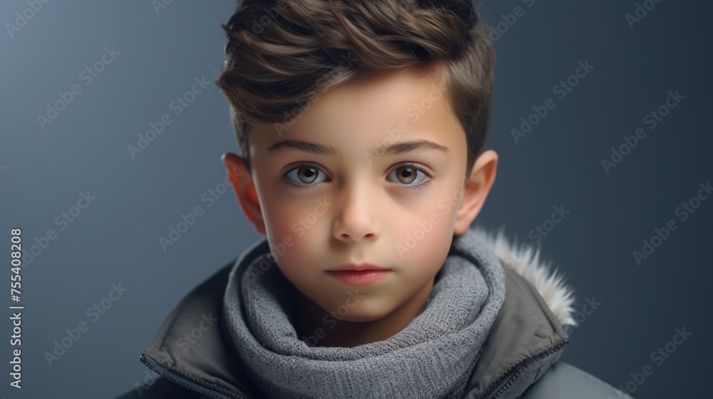 A young boy dressed in a jacket and scarf. Suitable for winter fashion concepts A young boy dressed in a jacket and scarf. Suitable for winter fashion concepts