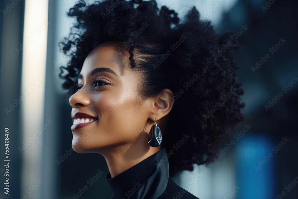 A woman with an afro hairstyle smiling and looking up. Suitable for lifestyle and beauty concepts
