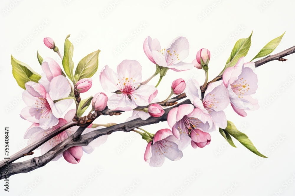 A beautiful painting of a branch with pink flowers. Ideal for spring-themed designs