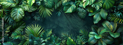 Lush green tropical leaves forming a natural frame on a dark background, perfect for eco-themed designs. photo