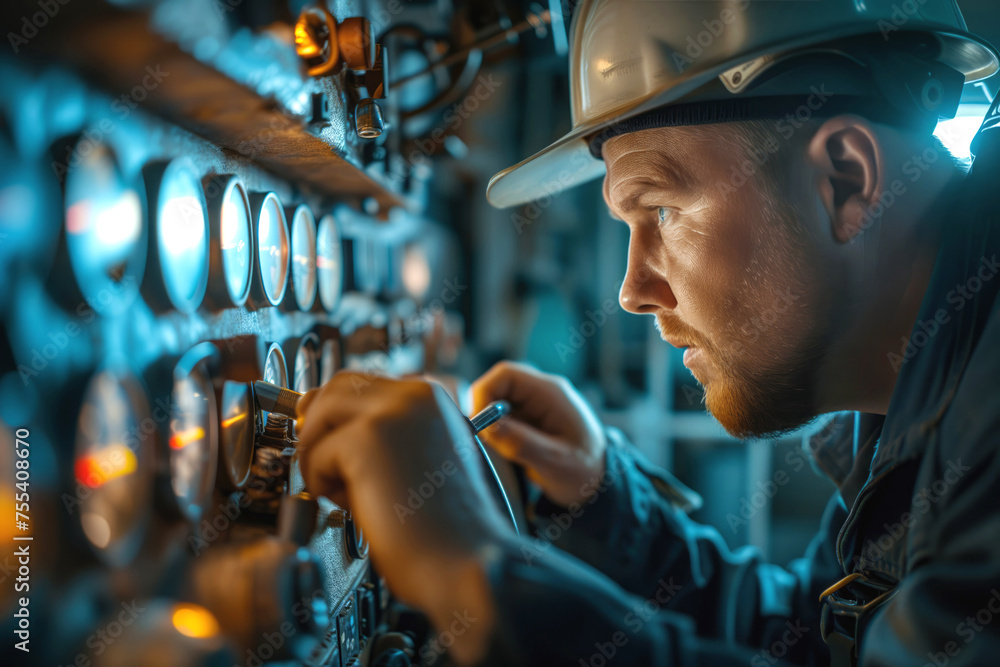 Man technician in helmet checks tanker navigation system. Male worker identifies and addresses problems promptly to prevent navigational errors Man technician in helmet checks tanker navigation system. Male worker identifies and addresses problems promptly to prevent navigational errors