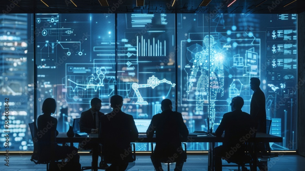 Diverse team of industrial robotics engineers discussing on the computer graphics of high-tech robotics model prototype in a boardroom. Using futuristic hologram screen with augmented reality. Diverse team of industrial robotics engineers discussing on the computer graphics of high-tech robotics model prototype in a boardroom. Using futuristic hologram screen with augmented reality.