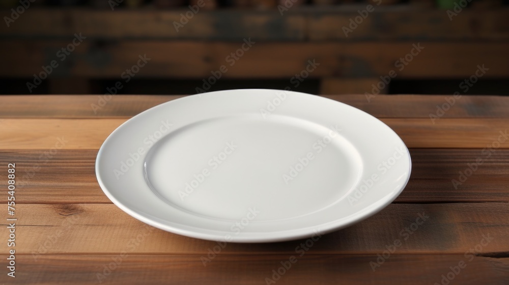 Simple white plate on rustic wooden table, suitable for food or kitchen concepts Simple white plate on rustic wooden table, suitable for food or kitchen concepts