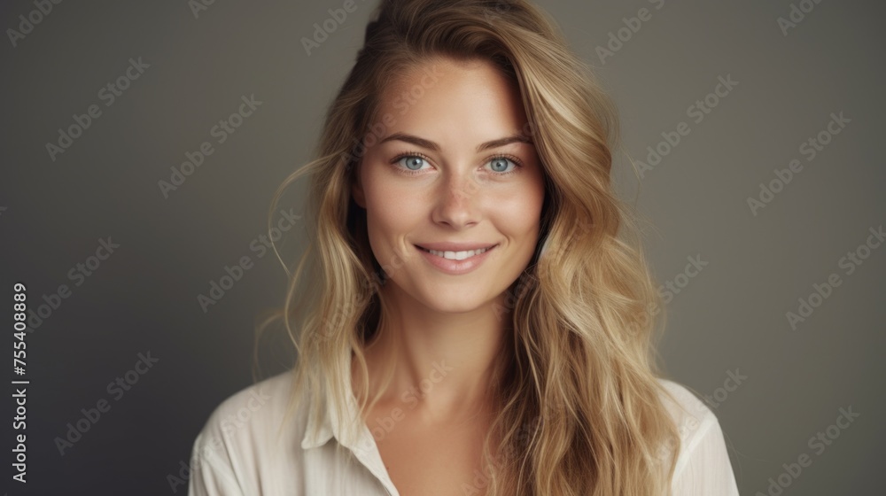 Obraz premium Portrait of a woman with long blonde hair and striking blue eyes, suitable for beauty and fashion concepts