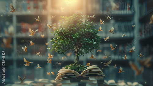 Stack of old books with  tree and birds, education concept, generative ai photo