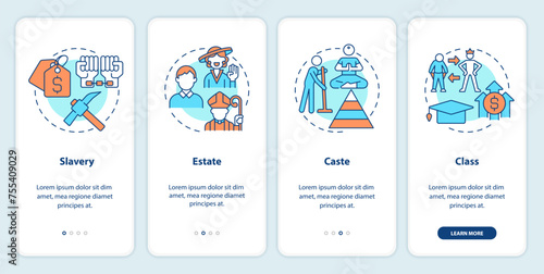 Types of social stratification onboarding mobile app screen. Walkthrough 4 steps editable graphic instructions with linear concepts. UI, UX, GUI template. Myriad Pro-Bold, Regular fonts used