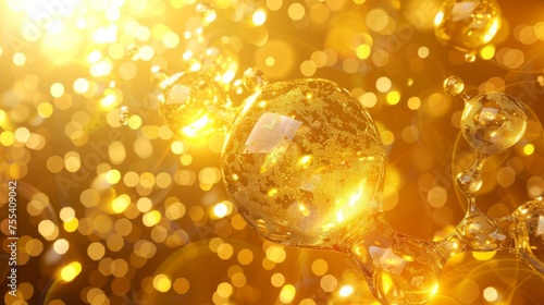 Golden shimmery core bubbles against yellow background. Gold sphere. 