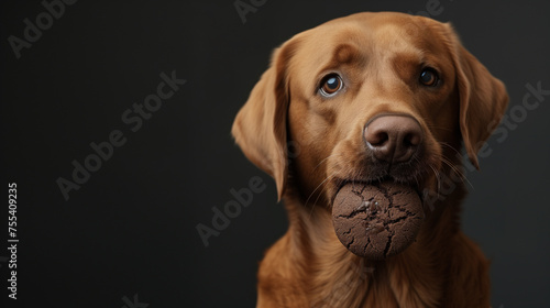 Dog with Brown chocolate Cookie, Adorable and Obedient, On a Dark Background with Copy Space. Pet treats concept.