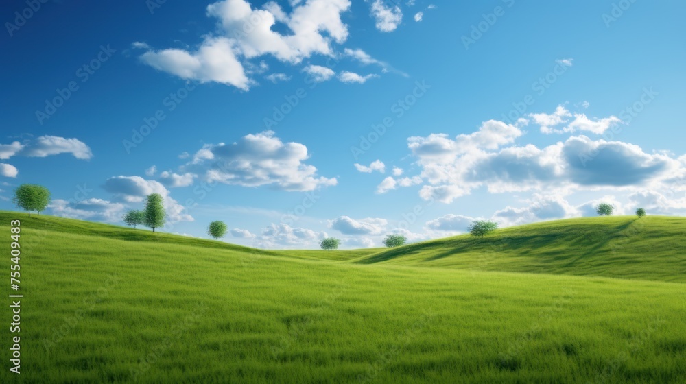 The green grass hill contrasts with the bright sky. 