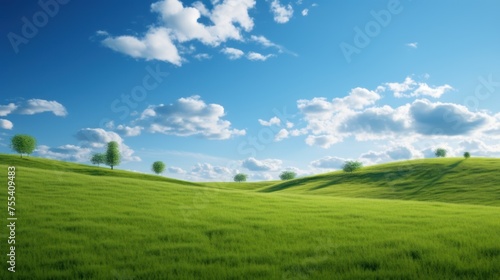 The green grass hill contrasts with the bright sky. 