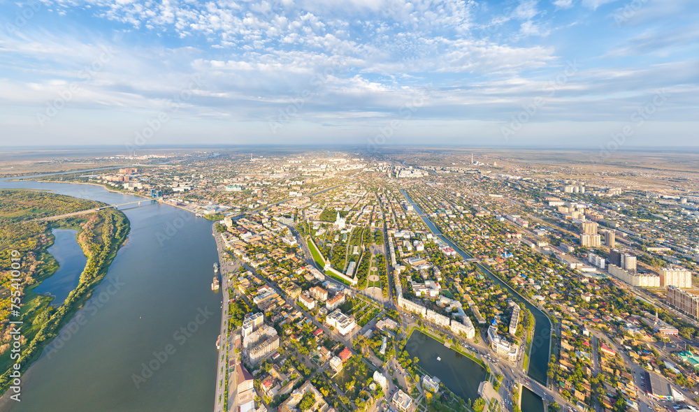 Astrakhan, Russia. Astrakhan Kremlin. Panorama of the city from the air in summer. Volga river. Aerial view